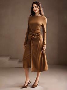 Anewsta Solid Color Round Neck Long Sleeve Button Splice Fitted Elegant Women Dress, Suitable For Autumn, Fall, Winter, Going Out, Elegant, Formal, Party, Chic, New Year, Women's Winter Dress, Christmas, Work, Graduation, Wedding - Brown - View 4