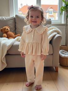 SHEIN Vintaside Kids 2 件套女婴休闲学院风翻领长袖上衣和裤子套装，适合春秋季日常穿着 - 杏色 - 查看 8