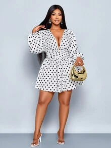 SOLERSUN Mono elegante de mujer con estampado de lunares, cuello en V profundo y cintura ceñida, mono de verano/otoño para mujer - Blanco y Negro - Ver 7