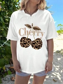 Veykashi 加大码豹纹和樱桃图案圆领短袖宽松T恤，加大码，略显透明，夏季