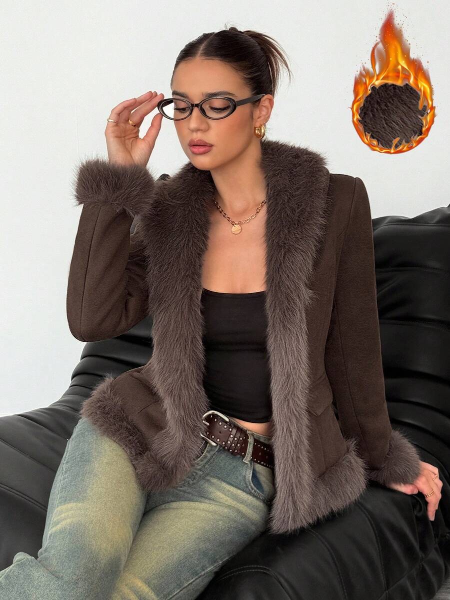 SHEIN Tall Women's Long Sleeve Open Front Faux Fur Fashion Jacket Women Brown Jacket In Fall/Winter - Brown - View 1
