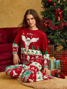 HARRY POTTER X SHEIN 女士圣诞卡通猫头鹰印花圆领长袖上衣和裤子睡衣套装，秋冬服装 - 紅色 - 查看 4