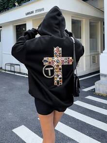 EMERY ROSE 女士水钻十字图案连帽长袖运动衫 - 黑色 - 查看 2