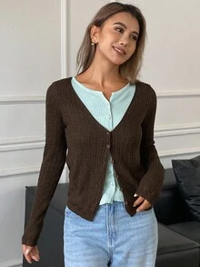 DAZY 女式撞色拼布二合一长袖圆领麻花针织休闲开衫，秋季 - 棕色 - 查看 6