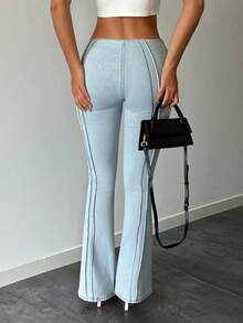 Siren Gaze Women's Solid Color Drawstring Waist Jeans With Pockets And Flared Legs - Blue - View 2