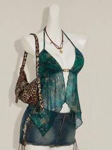 SHEIN ICON Allover Print Halter Neck Backless Asymmetric Hem Sexy Camisole