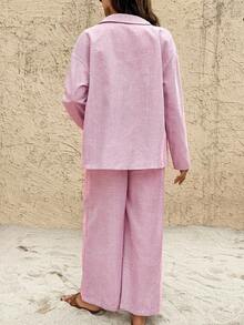 SHEIN 秋装，秋季服装，孕妇装秋冬装条纹袖口衬衫和可调节腰部阔腿裤宽松孕妇两件套孕妇装两件套装棉质两件套夏季裤子套装两件亚麻套装女士阔腿裤套装 - 紅白色 - 查看 3