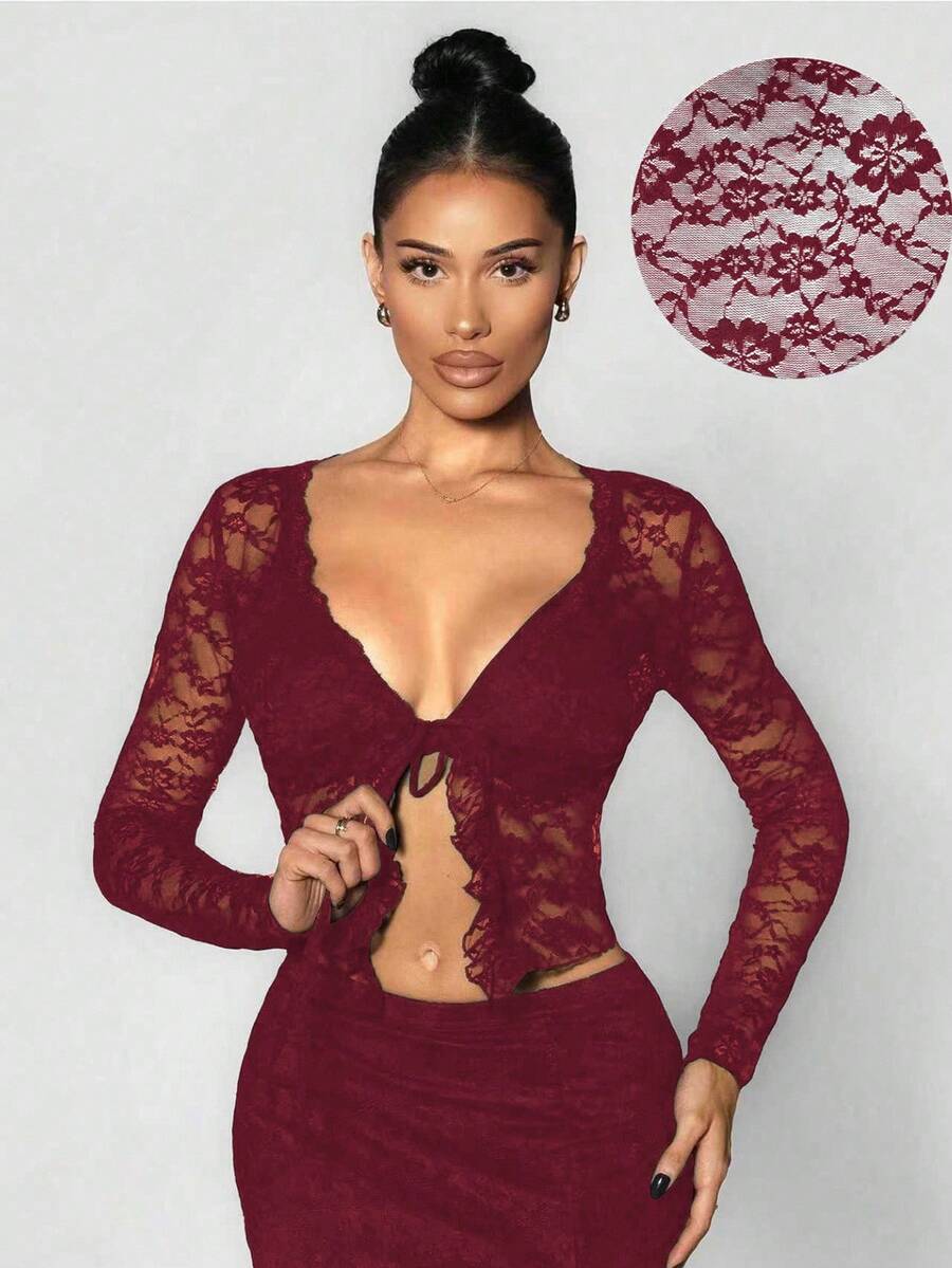Sirith Women's Sexy Sheer Lace Ruffle Tie-Up Cardigan - Burgundy - View 1