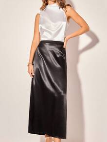 CAJUNI Falda de color negro sólido para mujer - Ropa bohemia para mujer / Ropa occidental para mujer / Ropa casual para mujer - Básica / Tops para salir para mujer / Ropa de mujer para otoño