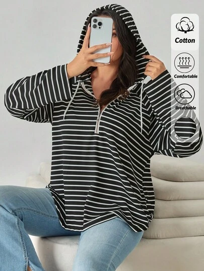 EURMUSE Plus Black & White Stripe Hoodie Zipper Detail Long Sleeve Loose Fit T-Shirt Casual Comfort