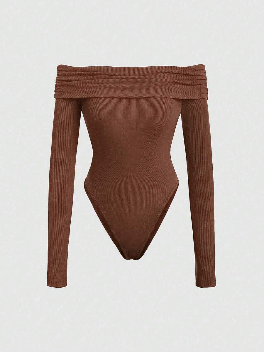 SHEIN Sweetro 针织露肩褶饰紧身衣，优雅长袖 - 棕色 - 查看 1