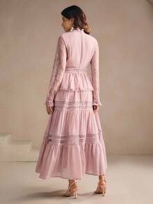 Anewsta Elegant Stand Collar Ruffled Lace Patchwork Romantic Pleated Slim Fit Dress, Suitable For Festival, Wedding Guest, Autumn, Fall, Winter, Going Out, Elegant, Formal, Chic, New Year, Christmas, Work, Graduation, Wedding