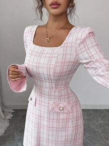 Elenzga New Women's Square Neck Long Sleeve Knit Faux Pocket A-Line Design Dress, Suitable For Spring, Autumn, Winter, Christmas, Everyday, Commute, Party, Young & Fashionable, Elegant - Pink - View 3