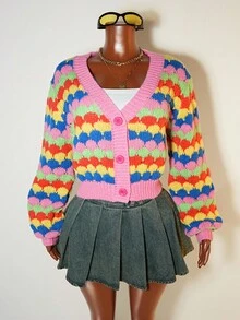 BamGleam Women's Lantern Sleeve V-Neck Striped Loose Knit Cardigan Sweater Fall Winter Cloth For Women - Multicolor - View 7