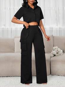 SHEIN Lady Women's Summer Fashion Solid Color Shirt & Cargo Pants 2 Pieces Set - Black - View 8