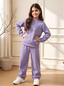 SHEIN 女大童字母圖案加絨內裏套頭衫和運動褲