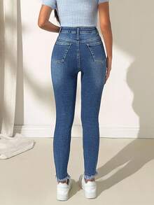 EURMUSE Quần jean denim cạp cao ôm gấu gấp - Rửa trung bình - Xem 3