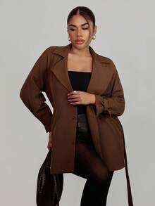 Xyvia Women's Casual Brown Loose Straight Long Sleeve Button Belted Lapel Trench Coat (With Belt) - Brown - View 1