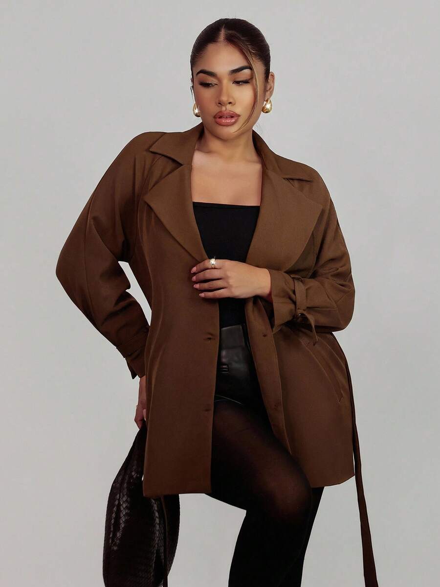 Xyvia Women's Casual Brown Loose Straight Long Sleeve Button Belted Lapel Trench Coat (With Belt) - Brown - View 1