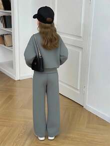 年轻女孩休闲日常通勤运动风格字母刺绣落肩宽松运动衫和直筒运动裤套装，秋季/春季 - 深灰色 - 查看 10