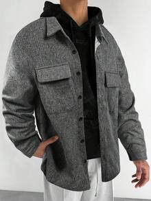 Manfinity Homme 男士成熟休闲纯色羊毛夹克男士夹克灰色纽扣男士男士纽扣衬衫男士衬衫夹克男士羊毛衬衫夹克 - 灰色 - 查看 4