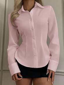 SHEIN EZwear 女士休闲收腰长袖衬衫，适合秋冬季穿着 - 淺粉色 - 查看 1