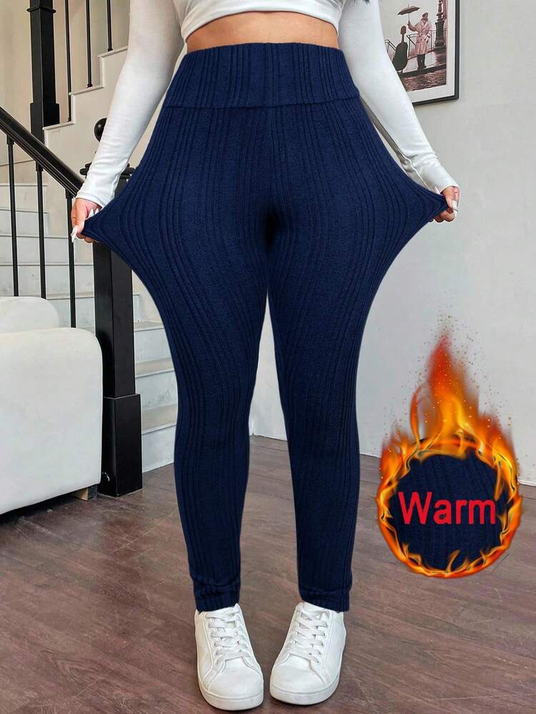 SHEIN EZwear Quần legging lưng cao màu đen cỡ lớn, giữ nhiệt mùa thu/đông - Màu xanh hải quân - Xem 1