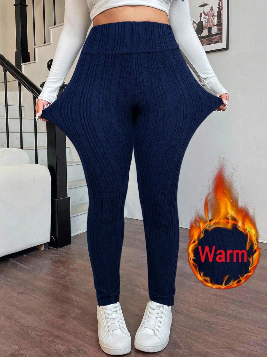 SHEIN EZwear 大码黑色高腰休闲紧身裤,秋冬保暖 - 藏蓝色 - 查看 1