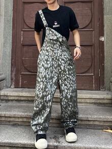 Manfinity EMRG 男士时尚金属印花牛仔背带裤 - 橄欖綠 - 查看 1