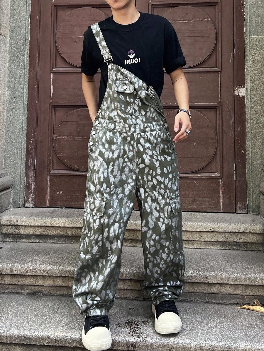 Manfinity EMRG 男士时尚金属印花牛仔背带裤 - 橄欖綠 - 查看 1