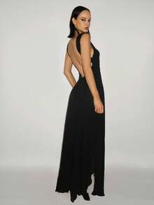 SHEIN ICON Váy hở lưng bằng vải voan lưới xẻ tà màu đen thanh lịch dành cho nữ - màu đen - Xem 1