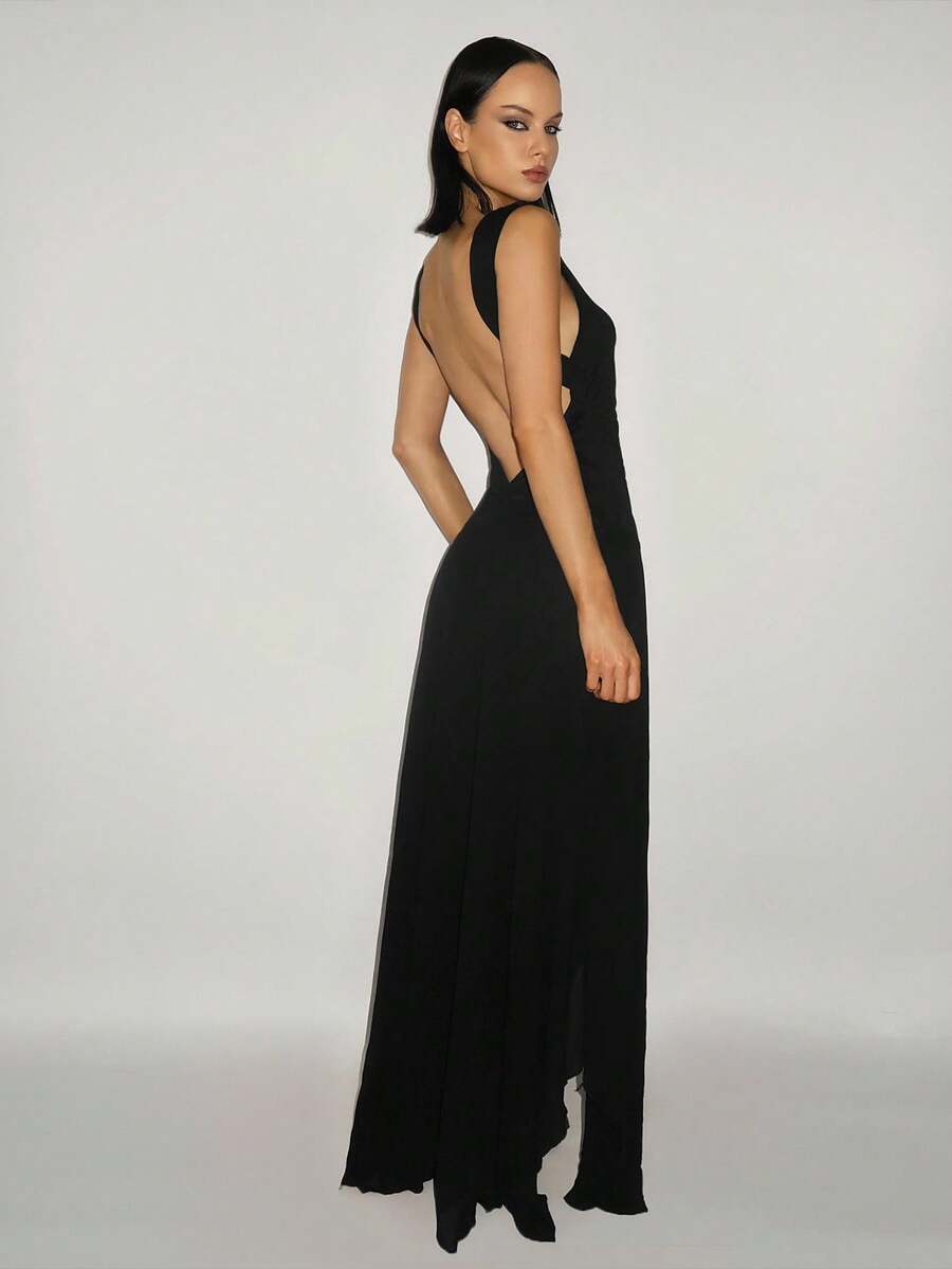 SHEIN ICON Váy hở lưng bằng vải voan lưới xẻ tà màu đen thanh lịch dành cho nữ - màu đen - Xem 1