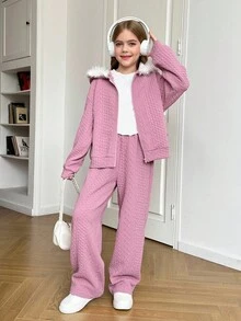 SHEIN 青少年女孩泰迪羊毛提花连帽拉链夹克和宽松长裤两件套 - 卡其色 - 查看 5