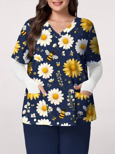 PopScrub 加大码制服上衣，夏季可爱野花蜜蜂印花衬衫，清新口袋衬衫，V领短袖女衬衫，万圣节