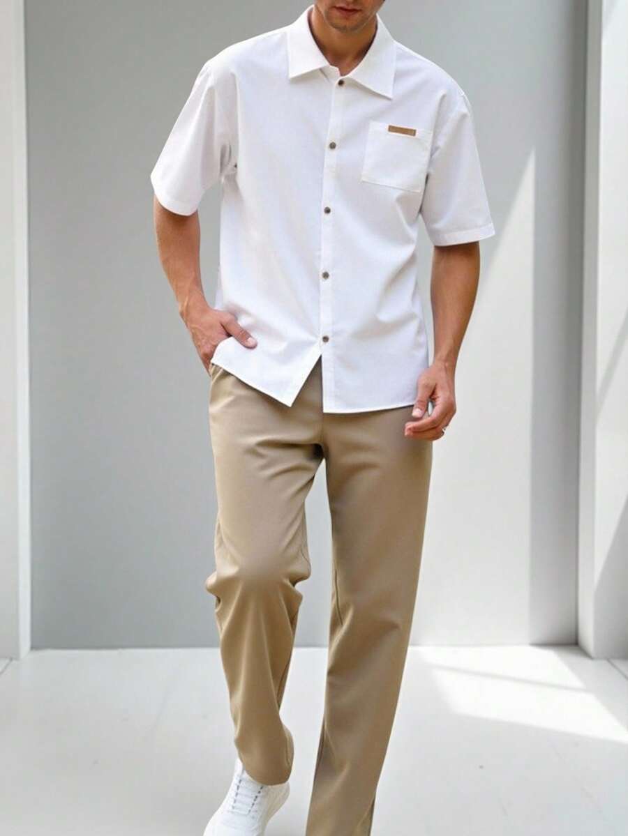 SHEIN 2 件套青少年男孩绅士装 - 白色修身短袖衬衫 + 卡其色长裤,绅士西装套装,商务优雅,学校,生日派对,日常休闲,婚礼,婚礼嘉宾,花童,戒指男孩 - 彩色 - 查看 1