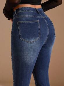 SHEIN BAE Plus Size Washed Ripped Jeans, Fall Women Clothes - Blue - View 3