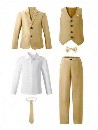 SHEIN Set de 6 piezas de traje formal para niño preadolescente: chaqueta de solapa de manga larga, chaleco, camisa de manga larga, pantalones, pajarita, corbata - Conjunto elegante para fiesta de cumpleaños, ocasión formal, boda, bautizo, aniversario