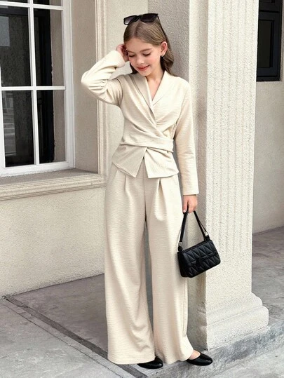 SHEIN Tween Girl Casual Elegant French Style Solid Color Collared Pleated Asymmetric Tie-Waist Long Sleeve Blouse And Loose Wide Leg Pants Khaki Linen Color Set, Suitable For Weekend, Casual Outing, Back To School Fall Winter