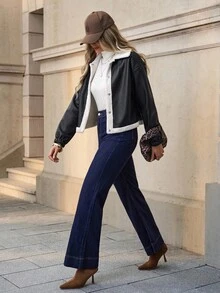 SHEIN Clasi Jachetă casual din fleece cu umeri căzuți, cu nasturi, pentru femei, toamnă/iarnă - Negru - Vizualizare 4
