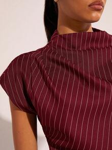 COSMINA 女士条纹印花褶皱领优雅衬衫 红色上衣 - 酒紅色 - 查看 6