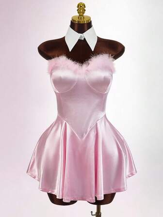  Y2K Amplova 加大码万圣节兔女郎毛绒尾巴紧身桃心伞裙毛茸茸条纹女式万圣节派对迷你连衣裙