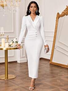 SHEIN Lady Vestido de manga larga con diseño de botones fruncidos de unicolor para mujer, elegante y entallado - Blanco - Ver 5