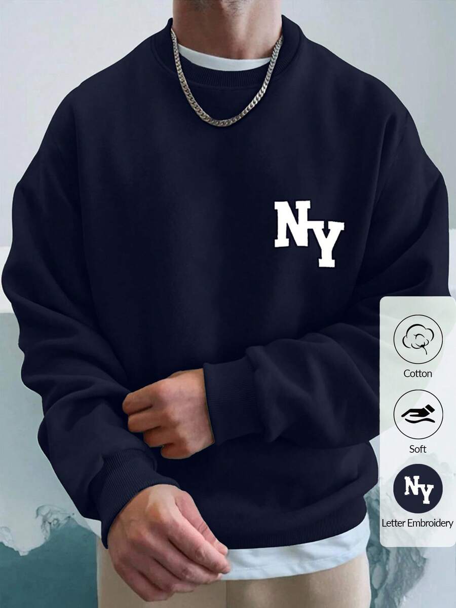 SHEIN Cottnline Cotton Men Letter Graphic Drop Shoulder Sweatshirt Without Tee - Navy Blue - View 1