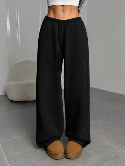 SHEIN EZwear 大码女式纯色抽绳腰阔腿宽松休闲运动裤