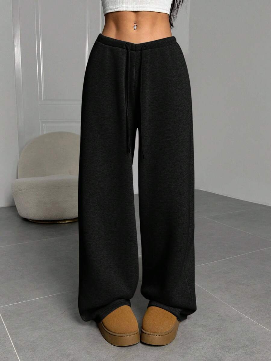 SHEIN EZwear Plus Size Women's Solid Color Drawstring Waist Wide Leg Loose Casual Sweatpants Wide Leg Sweatpants Knit Pants/Winter