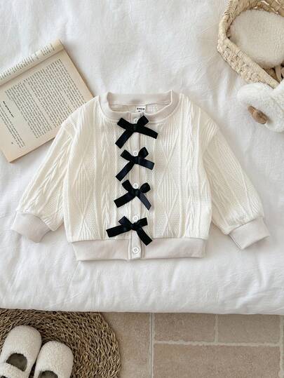 SHEIN Baby Girls' Minimalist Fashion Bow Decor Knit Cardigan, Spring/Autumn Fall Winter