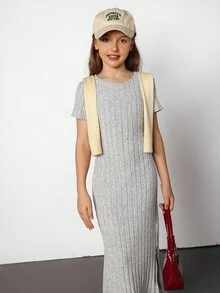 Hanevo Váy xẻ dài có gân dọc thoải mái cho bé gái Tween cho mùa hè - Xám - Xem 6