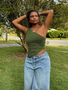 Tyla Gomez Valentine's Day Burgundy Red Twist One Shoulder Top Elegant Slim Top For Women - Army Green - View 6