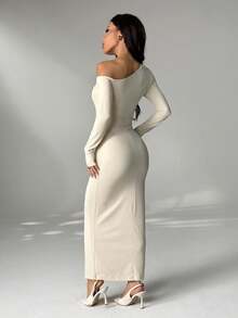 SHEIN PETITE 女士纯色不对称领口长袖连衣裙，优雅 - 杏色 - 查看 2