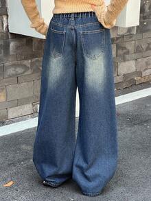 DAZY 少女休闲水洗宽松阔腿牛仔裤 - 深色水洗藍 - 查看 6